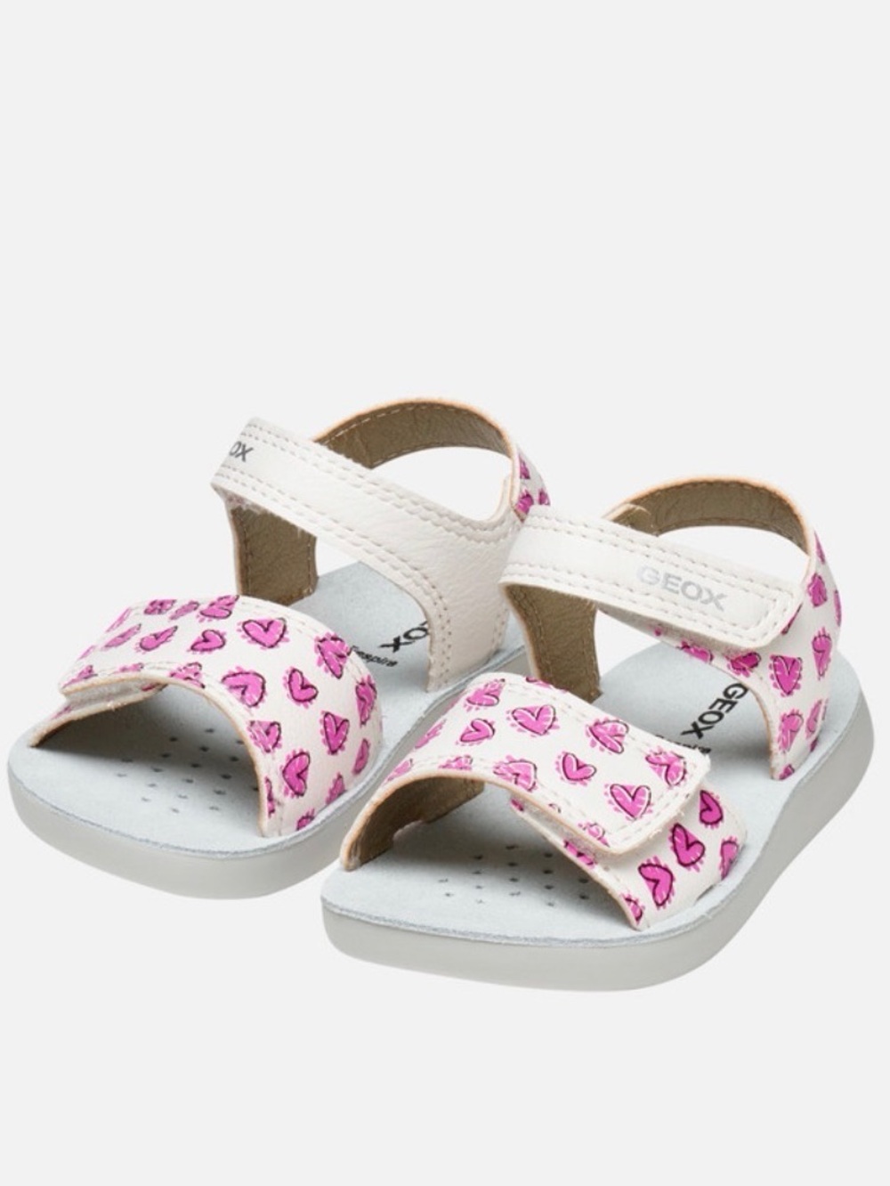 Geox White Sandals with Pink Heart Pattern for Kids